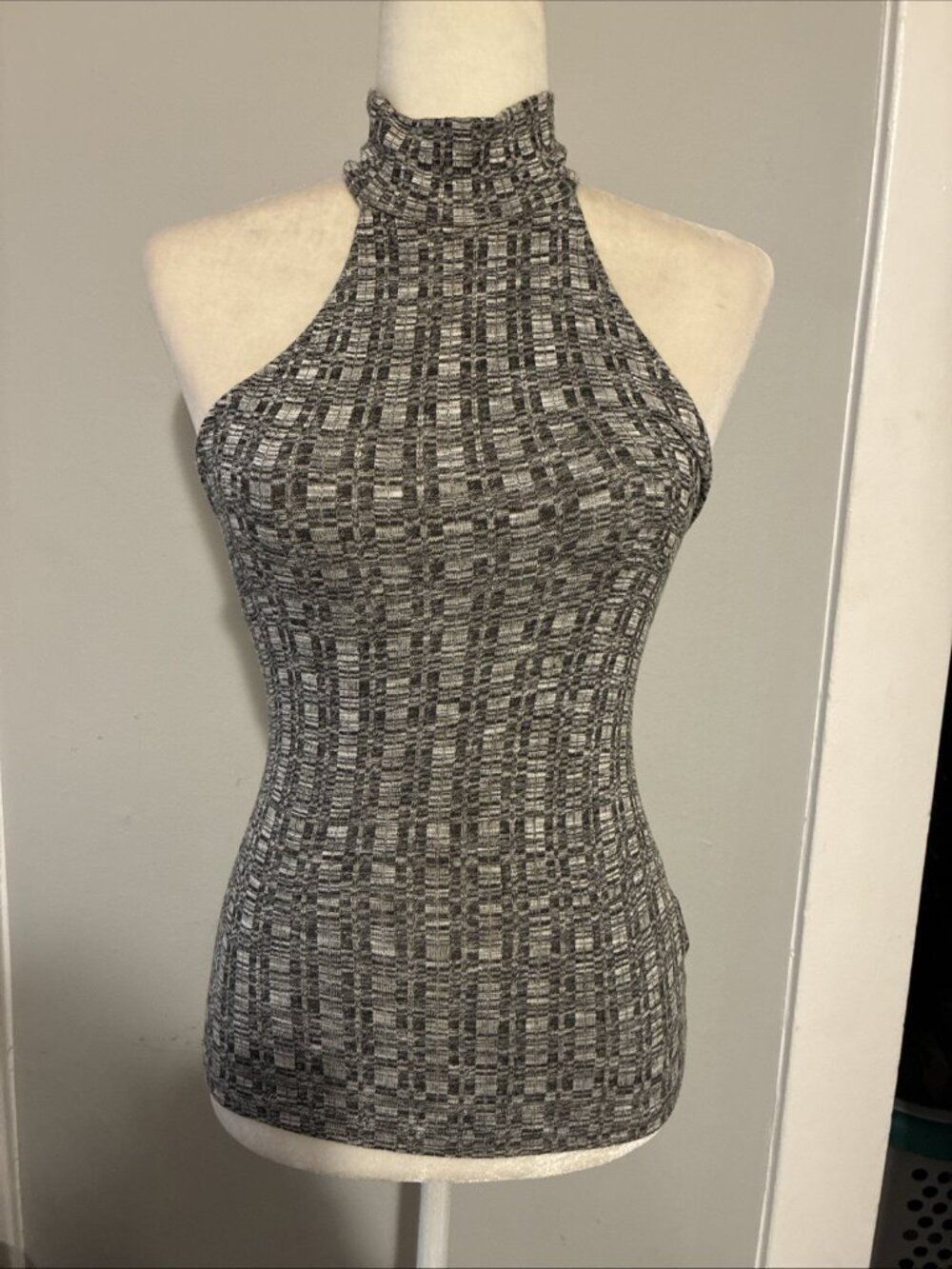Bebe Y2k Black White Knit Mock Neck Stretch Tank Top Xxs